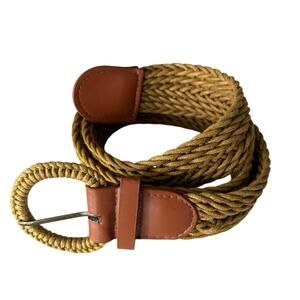 Vtg braided woven tan/brown leather detailed belt rounded buckle boho western